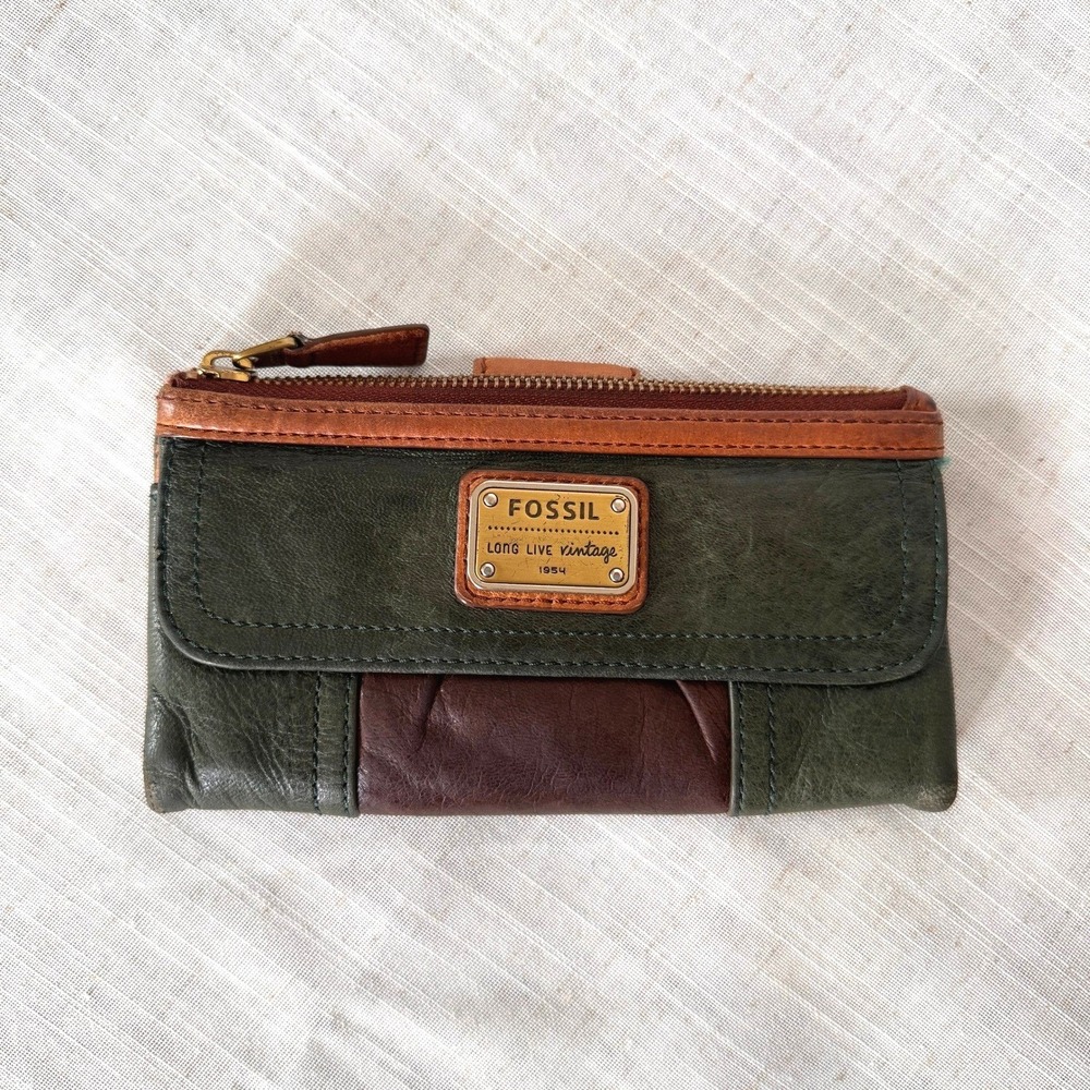 Fossil Long Live Vintage Emory Lamb Leather Wallet Tricolor Green Brown Tan
